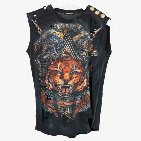 Balmain Black Cotton Distressed 3-Button Graphic Tank - Picture 2 of 11